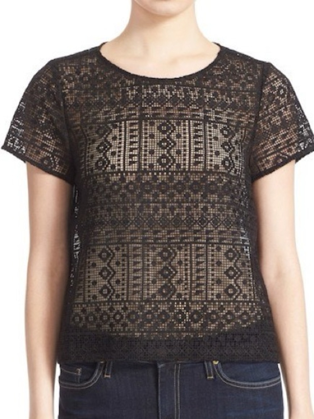 Joie Black Crochet Boxy Short Sleeve sheer Top- xl